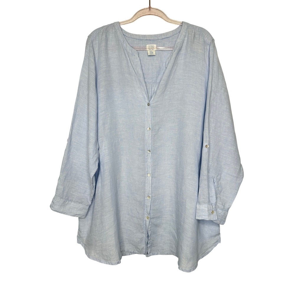 Sigrid Olsen Button Down Linen Roll Tab Sleeve Tunic Top Size 2X Blue Lagenlook